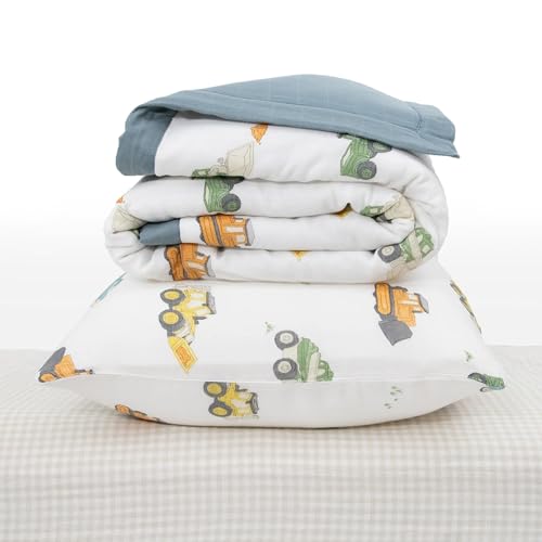 Cotton Muslin Toddler Bedding Set, 3 Piece Comforter Sheet Pillowcase, Breathable Crib Toddler Bed, 36x50in 1 Product: Little Unicorn Toddler Bedding 3-Piece Set | Super Soft & Breathable Muslin Fabric | for Convertible Cribs & Toddler Beds (Work Trucks)