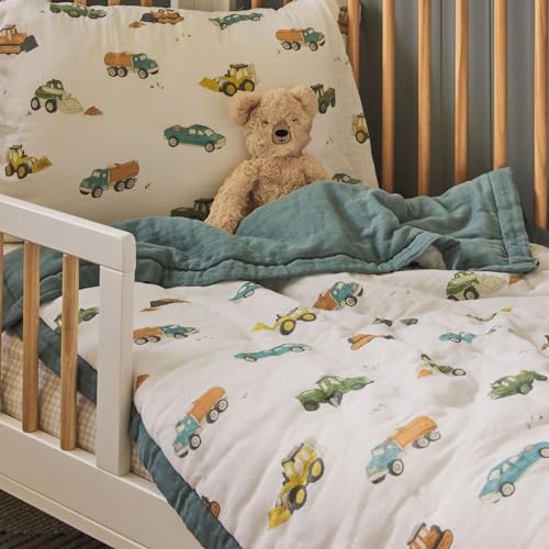 Cotton Muslin Toddler Bedding Set, 3 Piece Comforter Sheet Pillowcase, Breathable Crib Toddler Bed, 36x50in 8 Product: Little Unicorn Toddler Bedding 3-Piece Set | Super Soft & Breathable Muslin Fabric | for Convertible Cribs & Toddler Beds (Work Trucks)