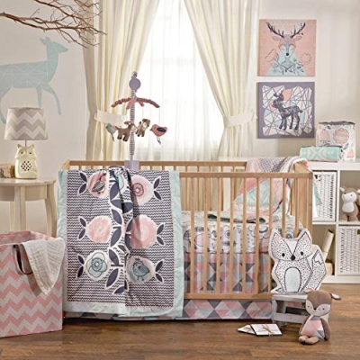 Lolli Living Sparrow 4 Piece Baby Crib Bedding Set, Pink Navy Blue Quilt 2 Fitted Sheets Bed Skirt, 0cm 8 Product: Lolli Living 4-Piece Baby Bedding Crib Set with Sparrow Pattern. Complete Set with Quilt, 2 Fitted Sheets, and Bed Skirt.