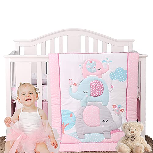 Product: Luxanna Crib Bedding Set Pink Elephant 3 Pieces Baby Nursery Bedding Sets with Baby Comforter,Crib Fitted Sheet, Crib Skirt for Girls