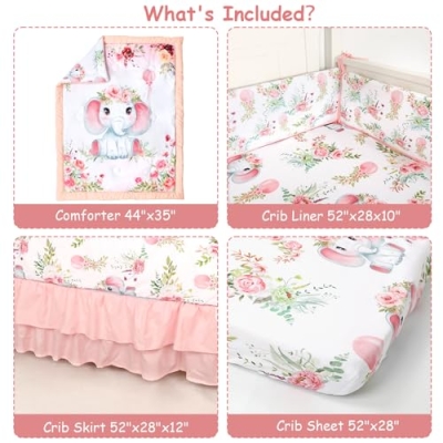 Product: Man Fai Sky 4-Piece Crib Bedding Set for Girls Boys, Soft Bedding Set with Crib Liner, Comfort, Crib Skrit, Sheet, Infant & Toddler Nursery Bed Set, Elephants