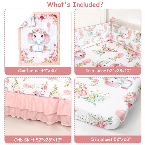 Product: Man Fai Sky 4-Piece Crib Bedding Set for Girls Boys, Soft Bedding Set with Crib Liner, Comfort, Crib Skrit, Sheet, Infant & Toddler Nursery Bed Set, Elephants