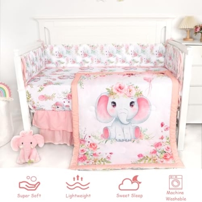 Product: Man Fai Sky 4-Piece Crib Bedding Set for Girls Boys, Soft Bedding Set with Crib Liner, Comfort, Crib Skrit, Sheet, Infant & Toddler Nursery Bed Set, Elephants