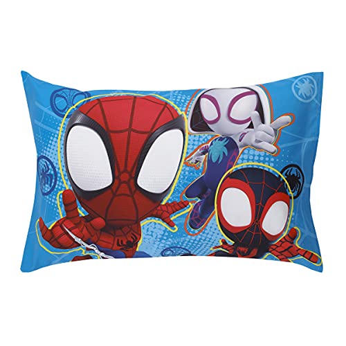 Spidey Team Toddler Bedding Set, 4 Piece Cozy Bundle, Comforter Sheets Reversible Pillowcase, 28x52in 5 Product: Marvel Spidey and his Amazing Friends Spidey Team Red, White, and Blue 4 Piece Toddler Bed Set - Comforter, Fitted Bottom Sheet, Flat Top Sheet, and Reversible Pillowcase