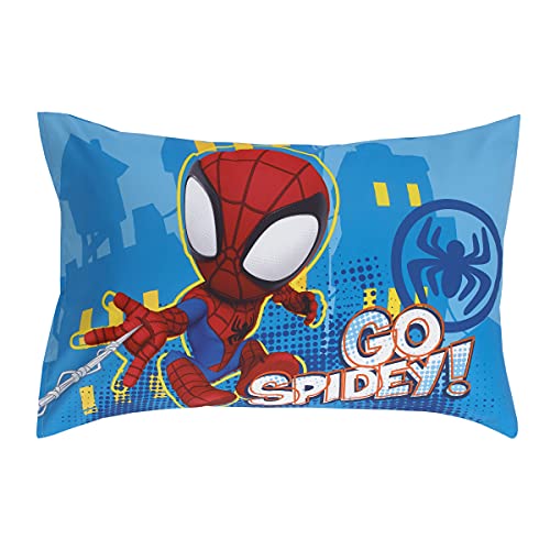 Spidey Team Toddler Bedding Set, 4 Piece Cozy Bundle, Comforter Sheets Reversible Pillowcase, 28x52in 4 Product: Marvel Spidey and his Amazing Friends Spidey Team Red, White, and Blue 4 Piece Toddler Bed Set - Comforter, Fitted Bottom Sheet, Flat Top Sheet, and Reversible Pillowcase