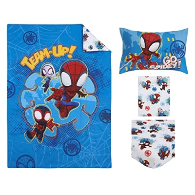 Spidey Team Toddler Bedding Set, 4 Piece Cozy Bundle, Comforter Sheets Reversible Pillowcase, 28x52in 15 Product: Marvel Spidey and his Amazing Friends Spidey Team Red, White, and Blue 4 Piece Toddler Bed Set - Comforter, Fitted Bottom Sheet, Flat Top Sheet, and Reversible Pillowcase