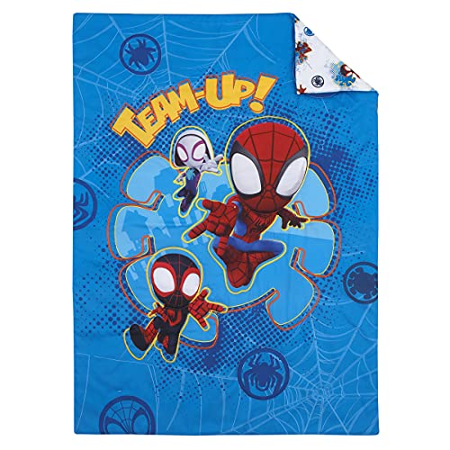 Spidey Team Toddler Bedding Set, 4 Piece Cozy Bundle, Comforter Sheets Reversible Pillowcase, 28x52in 1 Product: Marvel Spidey and his Amazing Friends Spidey Team Red, White, and Blue 4 Piece Toddler Bed Set - Comforter, Fitted Bottom Sheet, Flat Top Sheet, and Reversible Pillowcase
