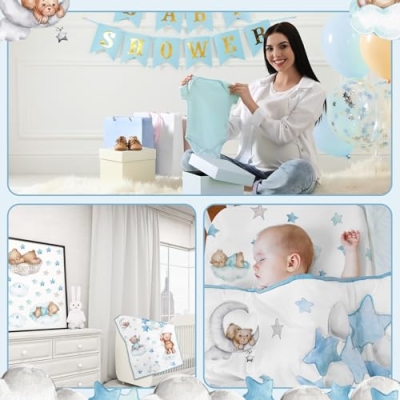 Product: Mixweer 5 Pcs Crib Bedding Set for Toddlers Include Cloud Balloon Bear Theme Crib Sheets, Skirt, Comforter, Pad Cover, Wall Stickers for Boys or Girls Nursery Bedding Sets(Blue)