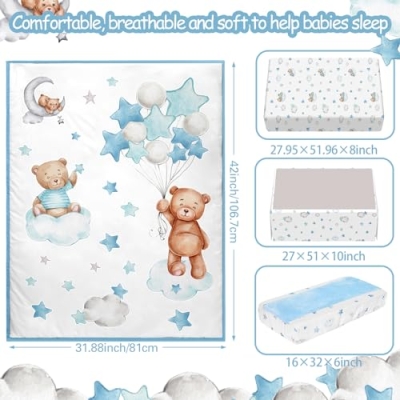 Product: Mixweer 5 Pcs Crib Bedding Set for Toddlers Include Cloud Balloon Bear Theme Crib Sheets, Skirt, Comforter, Pad Cover, Wall Stickers for Boys or Girls Nursery Bedding Sets(Blue)