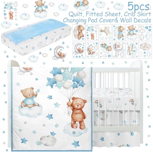 Product: Mixweer 5 Pcs Crib Bedding Set for Toddlers Include Cloud Balloon Bear Theme Crib Sheets, Skirt, Comforter, Pad Cover, Wall Stickers for Boys or Girls Nursery Bedding Sets(Blue)