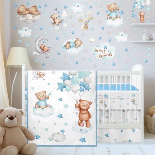 Product: Mixweer 5 Pcs Crib Bedding Set for Toddlers Include Cloud Balloon Bear Theme Crib Sheets, Skirt, Comforter, Pad Cover, Wall Stickers for Boys or Girls Nursery Bedding Sets(Blue)