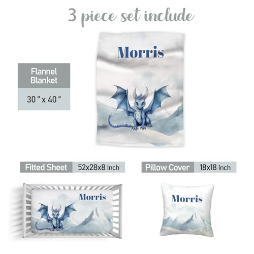 Personalized Dragon Baby Crib Bedding Set, Custom Name 3 Piece Nursery Blanket, Fitted Sheet, Pillowcase, 32.5cm 1 Product: Munific Custom Baby Crib Bedding Sets, 3 Piece Cute Dragon Personalized Name Baby Bedding Set, Soft Blanket, Fitted Sheet, Pillowcase for Infant Newborn Nursery Bedding Gift for Boys Girls