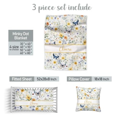 Personalized Baby Crib Bedding Set, Floral Butterfly Baby Girl Nursery Set, 3 Piece Flannel, 20.5cm 10 Product: Munific Custom Baby Crib Bedding Sets, 3 Piece Floral Butterfly Personalized Name Baby Bedding Set, Soft Blanket, Fitted Sheet, Pillowcase for Infant Newborn Nursery Bedding Gift for Girls