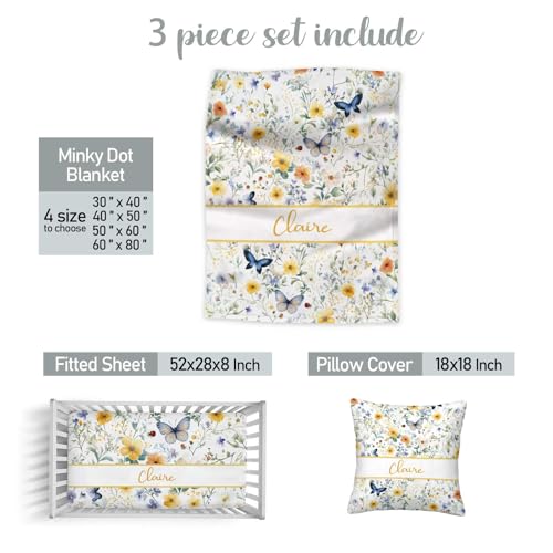 Personalized Baby Crib Bedding Set, Floral Butterfly Baby Girl Nursery Set, 3 Piece Flannel, 20.5cm 4 Product: Munific Custom Baby Crib Bedding Sets, 3 Piece Floral Butterfly Personalized Name Baby Bedding Set, Soft Blanket, Fitted Sheet, Pillowcase for Infant Newborn Nursery Bedding Gift for Girls