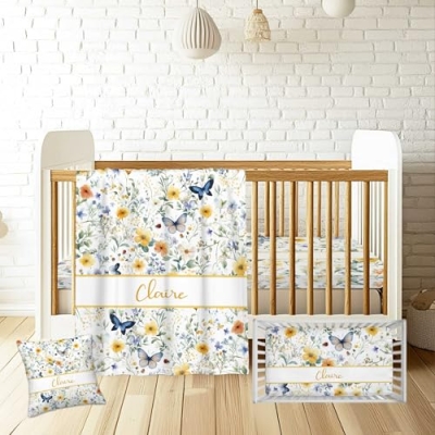 Product: Munific Custom Baby Crib Bedding Sets, 3 Piece Floral Butterfly Personalized Name Baby Bedding Set, Soft Blanket, Fitted Sheet, Pillowcase for Infant Newborn Nursery Bedding Gift for Girls