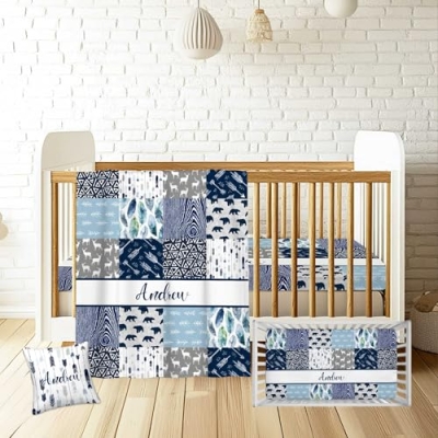 Product: Munific Personalized Baby Crib Bedding Set – 3 Piece Woodland Deer Bear Nursery Set with Custom Name, Soft Blanket, Fitted Crib Sheet & Pillowcase for Newborn, Infant Boys Girls Gift