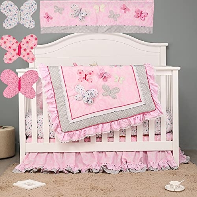 Product: MUTZOBIIBY 8 PCs Cotton Butterfly Nursery Crib Bedding Set Pink Embroidery Butterfly Baby Girl Cot Bedding Set Quilt /2 Fitted Sheet/Diaper Storage Bag/Window Valance/Wall Decor, 28 X 52