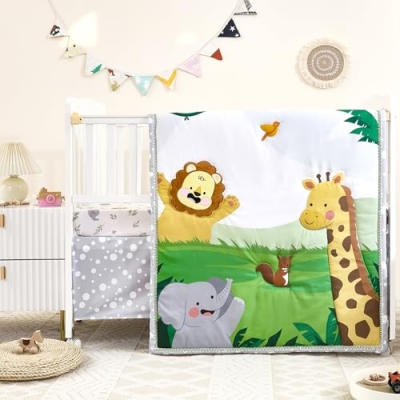 Safari Crib Bedding Set for Boys Girls, Ultra Soft Nursery Comforter Sheet Skirt, Happy Animals, 45 x 35in 8 Product: NacoMoco 3-Piece Crib Sets for Boys Girls - Ultra Soft Safari Crib Bedding Set Includes Crib Comforter, Sheet & Skirt (Happy Animals)