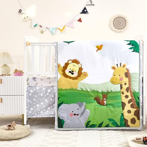 Safari Crib Bedding Set for Boys Girls, Ultra Soft Nursery Comforter Sheet Skirt, Happy Animals, 45 x 35in 1 Product: NacoMoco 3-Piece Crib Sets for Boys Girls - Ultra Soft Safari Crib Bedding Set Includes Crib Comforter, Sheet & Skirt (Happy Animals)