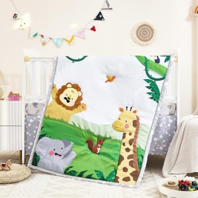 Product: NacoMoco 3-Piece Crib Sets for Boys Girls - Ultra Soft Safari Crib Bedding Set Includes Crib Comforter, Sheet & Skirt (Happy Animals)