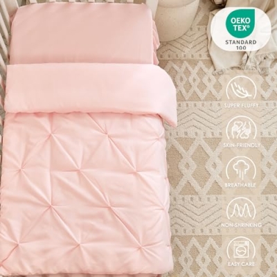 Blush Pleated Crib Bedding Set, 3 Piece Nursery Quilt Fitted Sheet Skirt, Soft Elegant Baby Girl Room 52 x 28 x 8 in 9 Product: NacoMoco 3-Piece Pink Crib Bedding Set for Girls - Ultra Soft & Skin Friendly Baby Girl Bedding Crib Set Includes Crib Comforter, Sheet & Skirt (Light Pink)