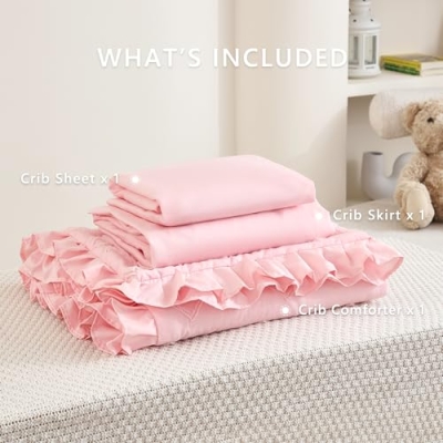 Pink Tufted Ruffle Crib Bedding Set, 3 Piece Microfiber Nursery Bundle, Boho Chic Comforter, 35 x 45 in. 11 Product: NacoMoco 3-Piece Tufted Ruffle Crib Bedding Set for Girls - Ultra Soft Baby Bedding Set Includes Boho Crib Comforter, Sheet & Skirt (Light Pink)