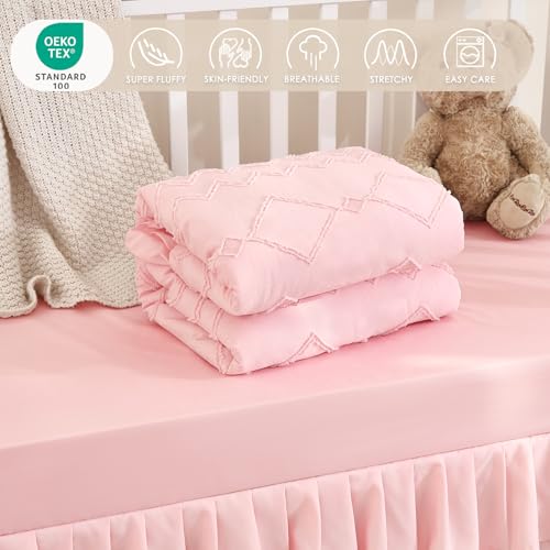 Pink Tufted Ruffle Crib Bedding Set, 3 Piece Microfiber Nursery Bundle, Boho Chic Comforter, 35 x 45 in. 2 Product: NacoMoco 3-Piece Tufted Ruffle Crib Bedding Set for Girls - Ultra Soft Baby Bedding Set Includes Boho Crib Comforter, Sheet & Skirt (Light Pink)