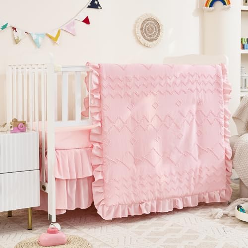 Pink Tufted Ruffle Crib Bedding Set, 3 Piece Microfiber Nursery Bundle, Boho Chic Comforter, 35 x 45 in. 1 Product: NacoMoco 3-Piece Tufted Ruffle Crib Bedding Set for Girls - Ultra Soft Baby Bedding Set Includes Boho Crib Comforter, Sheet & Skirt (Light Pink)