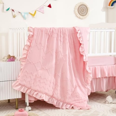 Product: NacoMoco 3-Piece Tufted Ruffle Crib Bedding Set for Girls - Ultra Soft Baby Bedding Set Includes Boho Crib Comforter, Sheet & Skirt (Light Pink)
