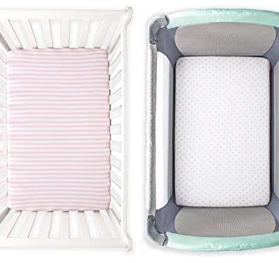 Product: NODNAL CO. 3 Fitted Pink Mini Crib Pack n Play Playard Portable Crib Sheets Set - 100% Oeko-TEX Cotton Baby Girl Nursery Bedding - Chevron, Polka Dot, & Stripe Travel Pack and Play Playpen Sheet