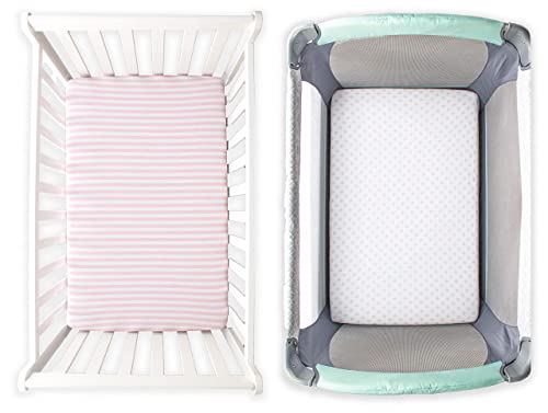 Product: NODNAL CO. 3 Fitted Pink Mini Crib Pack n Play Playard Portable Crib Sheets Set - 100% Oeko-TEX Cotton Baby Girl Nursery Bedding - Chevron, Polka Dot, & Stripe Travel Pack and Play Playpen Sheet