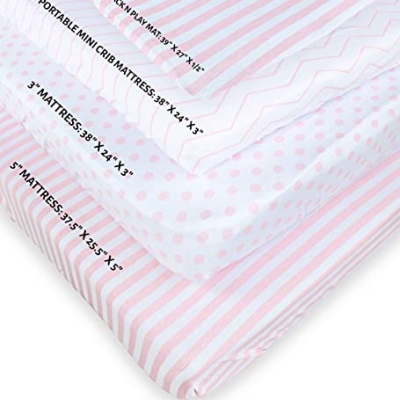 Product: NODNAL CO. 3 Fitted Pink Mini Crib Pack n Play Playard Portable Crib Sheets Set - 100% Oeko-TEX Cotton Baby Girl Nursery Bedding - Chevron, Polka Dot, & Stripe Travel Pack and Play Playpen Sheet