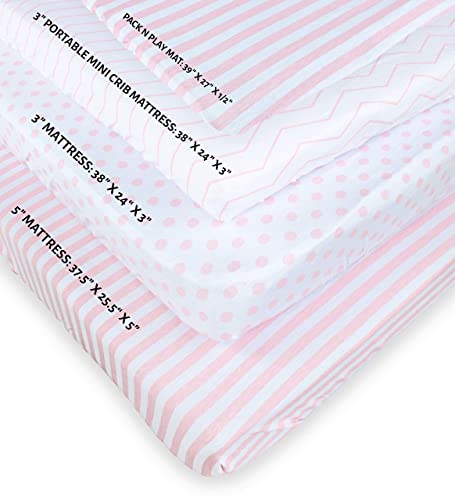 Product: NODNAL CO. 3 Fitted Pink Mini Crib Pack n Play Playard Portable Crib Sheets Set - 100% Oeko-TEX Cotton Baby Girl Nursery Bedding - Chevron, Polka Dot, & Stripe Travel Pack and Play Playpen Sheet