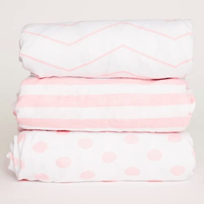 Product: NODNAL CO. 3 Fitted Pink Mini Crib Pack n Play Playard Portable Crib Sheets Set - 100% Oeko-TEX Cotton Baby Girl Nursery Bedding - Chevron, Polka Dot, & Stripe Travel Pack and Play Playpen Sheet