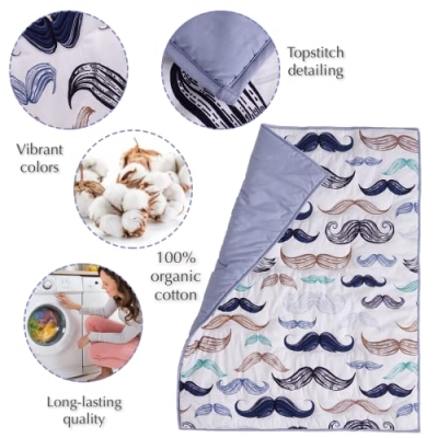 Organic Cotton Baby Boy Nursery Bedding Set, Boho Little Man Mustache, White Blue, 4 Piece Crib Set 20.5cm 8 Product: Noisy Mouse - Boho Little Man Mustache, Premium, 100% Organic Cotton 4-Piece Baby Boy Nursery Bedding Set | Baby Comforter | 2 Fitted Crib Sheets | Crib Skirt (White, Blue)