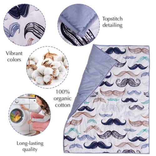 Organic Cotton Baby Boy Nursery Bedding Set, Boho Little Man Mustache, White Blue, 4 Piece Crib Set 20.5cm 3 Product: Noisy Mouse - Boho Little Man Mustache, Premium, 100% Organic Cotton 4-Piece Baby Boy Nursery Bedding Set | Baby Comforter | 2 Fitted Crib Sheets | Crib Skirt (White, Blue)
