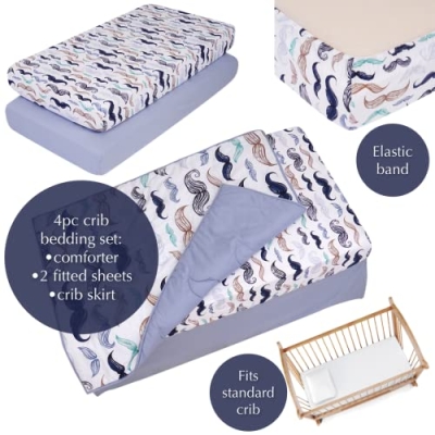 Organic Cotton Baby Boy Nursery Bedding Set, Boho Little Man Mustache, White Blue, 4 Piece Crib Set 20.5cm 7 Product: Noisy Mouse - Boho Little Man Mustache, Premium, 100% Organic Cotton 4-Piece Baby Boy Nursery Bedding Set | Baby Comforter | 2 Fitted Crib Sheets | Crib Skirt (White, Blue)