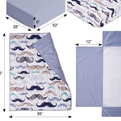 Organic Cotton Baby Boy Nursery Bedding Set, Boho Little Man Mustache, White Blue, 4 Piece Crib Set 20.5cm 6 Product: Noisy Mouse - Boho Little Man Mustache, Premium, 100% Organic Cotton 4-Piece Baby Boy Nursery Bedding Set | Baby Comforter | 2 Fitted Crib Sheets | Crib Skirt (White, Blue)