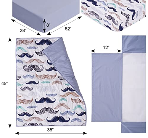 Organic Cotton Baby Boy Nursery Bedding Set, Boho Little Man Mustache, White Blue, 4 Piece Crib Set 20.5cm 1 Product: Noisy Mouse - Boho Little Man Mustache, Premium, 100% Organic Cotton 4-Piece Baby Boy Nursery Bedding Set | Baby Comforter | 2 Fitted Crib Sheets | Crib Skirt (White, Blue)