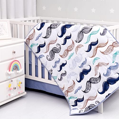 Product: Noisy Mouse - Boho Little Man Mustache, Premium, 100% Organic Cotton 4-Piece Baby Boy Nursery Bedding Set | Baby Comforter | 2 Fitted Crib Sheets | Crib Skirt (White, Blue)