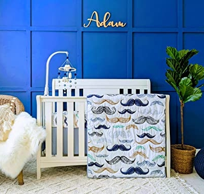 Organic Cotton Baby Boy Nursery Bedding Set, Boho Little Man Mustache, White Blue, 4 Piece Crib Set 20.5cm 9 Product: Noisy Mouse - Boho Little Man Mustache, Premium, 100% Organic Cotton 4-Piece Baby Boy Nursery Bedding Set | Baby Comforter | 2 Fitted Crib Sheets | Crib Skirt (White, Blue)