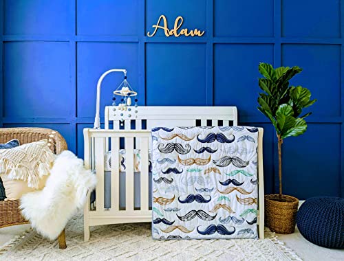 Organic Cotton Baby Boy Nursery Bedding Set, Boho Little Man Mustache, White Blue, 4 Piece Crib Set 20.5cm 4 Product: Noisy Mouse - Boho Little Man Mustache, Premium, 100% Organic Cotton 4-Piece Baby Boy Nursery Bedding Set | Baby Comforter | 2 Fitted Crib Sheets | Crib Skirt (White, Blue)