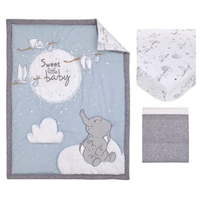 Product: NoJo Disney Dumbo Sweet Little Baby Light Blue, Gray, and White Storks, Stars, Clouds and Moon 3 Piece Nursery Crib Bedding Set - Comforter, 100% Cotton Fitted Crib Sheet and Crib Skirt