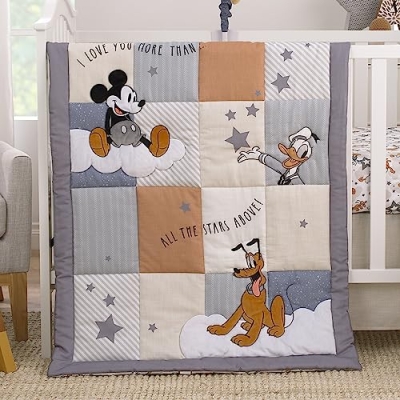 Product: NOJO Disney Mickey Mouse Love Mickey Gray, Navy, and Tan Donald Duck and Pluto, Clouds and Stars 3 Piece Nursery Crib Bedding Set - Comforter, Fitted Crib Sheet, and Crib Skirt