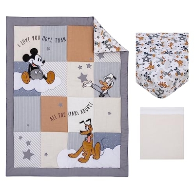 Product: NOJO Disney Mickey Mouse Love Mickey Gray, Navy, and Tan Donald Duck and Pluto, Clouds and Stars 3 Piece Nursery Crib Bedding Set - Comforter, Fitted Crib Sheet, and Crib Skirt