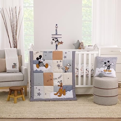 Product: NOJO Disney Mickey Mouse Love Mickey Gray, Navy, and Tan Donald Duck and Pluto, Clouds and Stars 3 Piece Nursery Crib Bedding Set - Comforter, Fitted Crib Sheet, and Crib Skirt