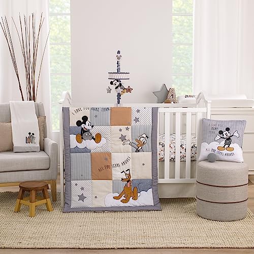 Product: NOJO Disney Mickey Mouse Love Mickey Gray, Navy, and Tan Donald Duck and Pluto, Clouds and Stars 3 Piece Nursery Crib Bedding Set - Comforter, Fitted Crib Sheet, and Crib Skirt
