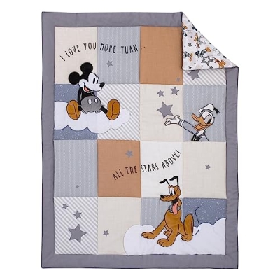 Product: NOJO Disney Mickey Mouse Love Mickey Gray, Navy, and Tan Donald Duck and Pluto, Clouds and Stars 3 Piece Nursery Crib Bedding Set - Comforter, Fitted Crib Sheet, and Crib Skirt