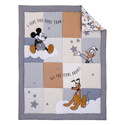 Product: NOJO Disney Mickey Mouse Love Mickey Gray, Navy, and Tan Donald Duck and Pluto, Clouds and Stars 3 Piece Nursery Crib Bedding Set - Comforter, Fitted Crib Sheet, and Crib Skirt