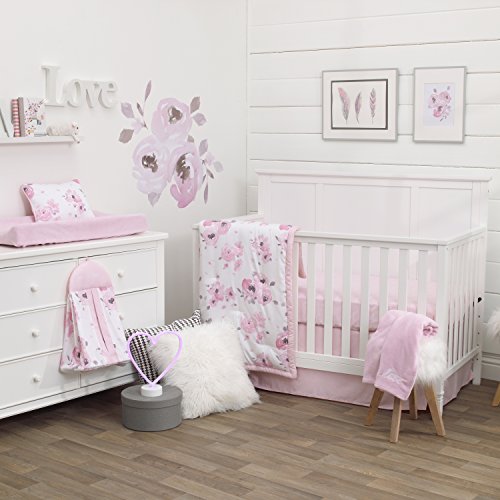 NOJO Dreamer Watercolor Floral 8 Piece Nursery Crib Bedding Set, Rose/Pink/White - Crib Bedding Sets Product: NOJO Dreamer Watercolor Floral 8 Piece Nursery Crib Bedding Set, Rose/Pink/White